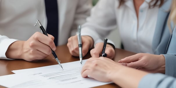 A person in a formal suit is seated at a wooden desk, smiling broadly while signing a document. Their pen is poised above an open book, which is likely a registry or official ledger. Next to the seated person, partially visible, someone wearing a light-colored robe stands, possibly observing the signing process. In the foreground, the table is adorned with a bouquet of white and red flowers, and there are papers laid out beside the book.
