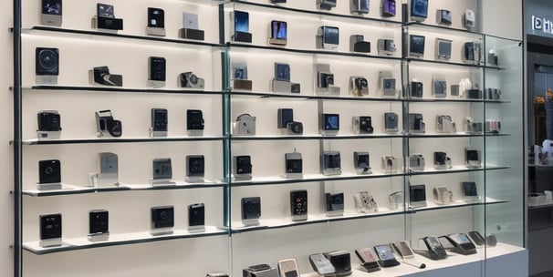 A bustling market stall is filled with a wide array of mobile phone cases and accessories, displayed on shelves and racks. Several people are browsing the items, dressed warmly for the weather. The cases come in various colors and designs, adding vibrancy to the scene.