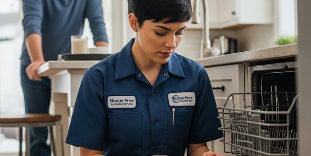 A focused Novus-Pros technician, in uniform, expertly repairing a dishwasher in a client's kitchen