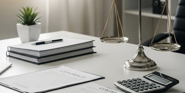 Derecho Penal Tributario: documentos legales, calculadora y balanza de la justicia en un escritorio