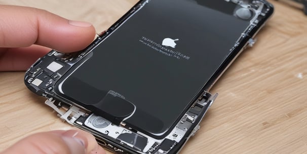 A disassembled smartphone with its internal components visible, showcasing various circuit elements such as metal connectors, screws, and a QR code on a circuit board. The background is solid black, drawing focus to the partially exposed circuitry.