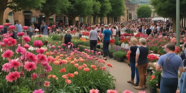 a field of tulips and other flowers with a sign in the background