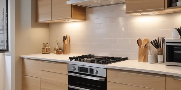 A modern kitchen with wooden cabinets and a stainless steel oven. A kettle sits on the stovetop, and a microwave is on the countertop. The kitchen has a light color scheme with beige tiles and a partial view into a living room with a black and orange color palette.