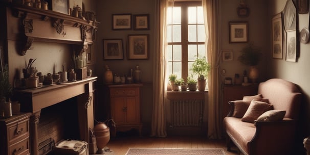 A serene rural setting with a small house surrounded by a dense forest. The foreground features a lush green meadow, and the background is dominated by a misty mountain covered in greenery. The atmosphere is calm and peaceful, with soft natural lighting.