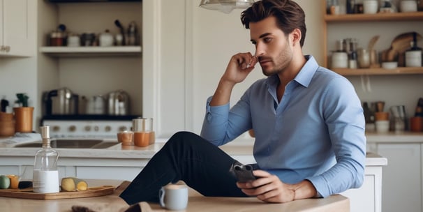 A smartphone displaying a dating app interface is placed on a wooden table next to a small cup of espresso on a saucer with a spoon.