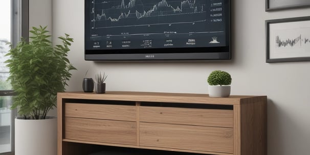 A woman with long hair, dressed in a black tank top and gray pants, is interacting with a smart home device mounted on a wall. She is holding a tablet in her left hand. The setting appears to be a modern home entryway with a wooden door featuring horizontal glass panels. A small side table near the wall supports a plant and some decorative items.