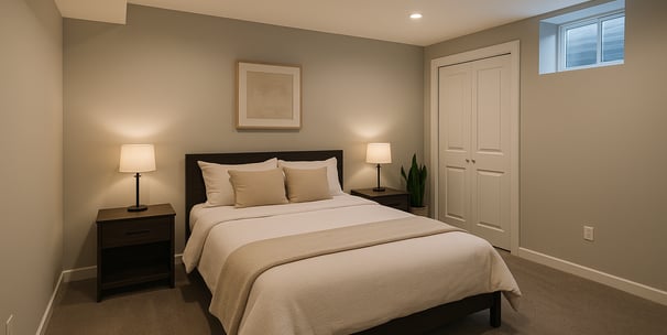 Finished basement bedroom with neutral tones and modern lighting in London, Ontario.