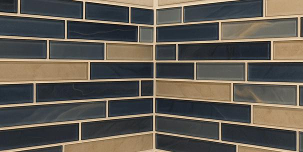 Close-up of high-end bathroom wall tile in blue and beige staggered pattern in London, Ontario.