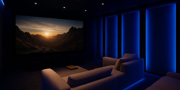 Custom basement home theater with LED lighting and screen – finished renovation in London ON