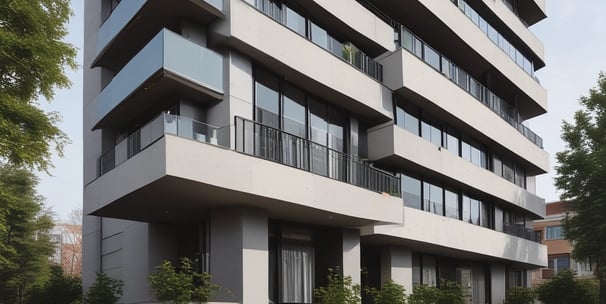 A residential home featuring a mid-century modern architectural style with a light gray facade. The entrance is elevated with a wooden door, sidelight windows, and surrounded by orange-colored metal railings. A garage door is below, alongside a stone wall constructed from large, rounded boulders. The front yard is slightly elevated with a grassy area.