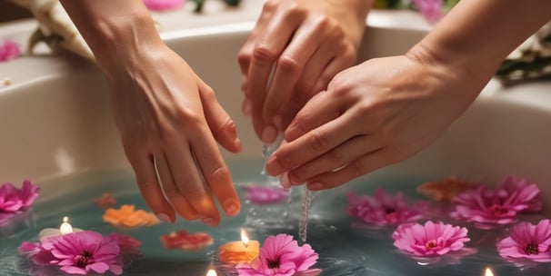Hände arrangieren schwimmende Kerzen und Blumen in einer Schale.