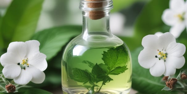 Ein Fläschchen mit hellgrüner Flüssigkeit, umgeben von grünen Blättern und weißen Blüten.