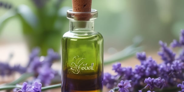 Eine grüne Flasche mit ätherischem Öl und Lavendelblüten auf einem Holztisch.