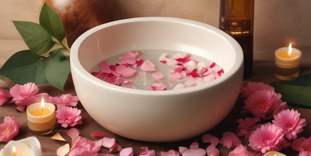 Eine Schale mit Wasser und rosa Blütenblättern, umgeben von Kerzen und einer Flasche ätherisches Öl.