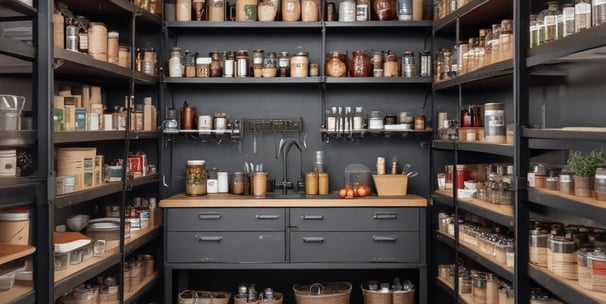 A well-arranged breakfast spread includes a basket of various breads, a plate with sliced cucumbers, tomatoes, olives, cheese, pickles, and a small dish of jam. There is a pan with fried eggs and slices of sausage, along with a cup of tea on a saucer. The presentation is appealing, with a mix of textures and fresh ingredients.