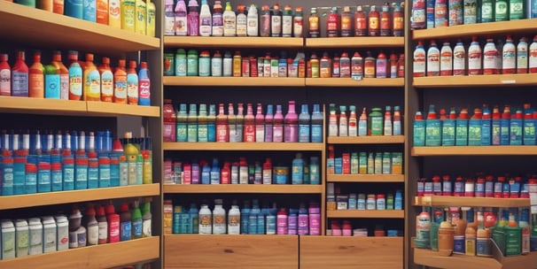 A supermarket aisle filled with various cleaning products, organized neatly on shelves. Promotional sale tags are visible on many items, indicating discounted prices. A promotional stand-up banner on the left features a smiling woman holding clean laundry, with a slogan in Hindi.