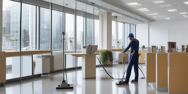 Two workers in protective gear are cleaning the large glass windows of a modern building. They are suspended mid-air by ropes and harnesses, equipped with cleaning tools.