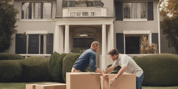 two men moving boxes in front of a house