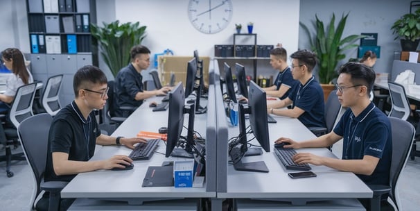 A photo of a Chinese customer support team in an office setting