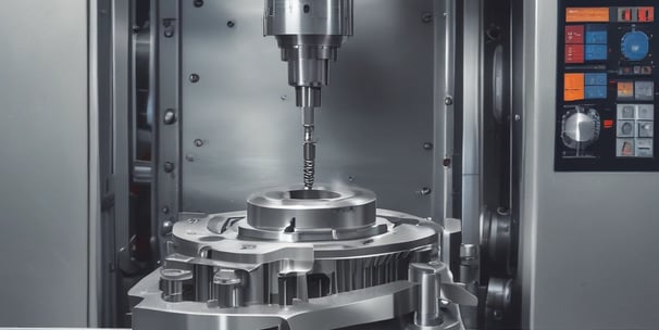 A close-up view of a metalworking machine, focusing on a drill bit actively cutting or drilling into a piece of metal. Sparks and metal shavings are visible, with a flexible coolant hose in the frame. The lighting is dim with warm tones, emphasizing the metallic surfaces.