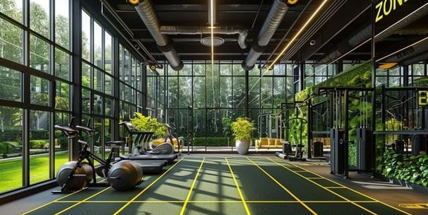 a modern gym with open-plan design and greenery