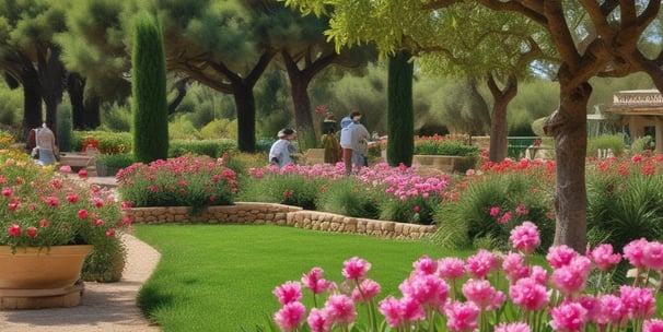 A well-maintained garden features a lush, green lawn adjacent to a building with a red corrugated iron roof and white walls. The building has a porch area furnished with chairs and tables. In the background, another larger building with a white facade and arched doorways is visible. The garden includes various potted plants and a few scattered decorative items.