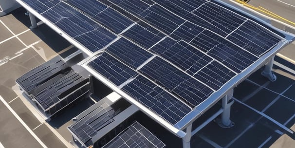 A clear blue sky provides the backdrop for a modern renewable energy setup featuring a wind turbine and solar panels. The sleek, geometric arrangement of solar panels reflects light while the blades of the wind turbine cut through the sky above.