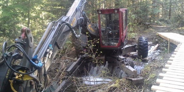 Spider with processor crossing a stream to reach treatment area, Whistler