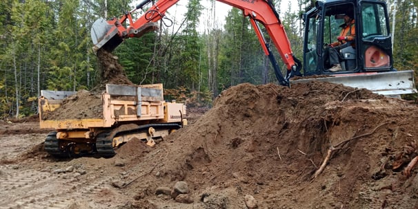 Excavator and track dumper doing bulk excavation. Vernon, BC