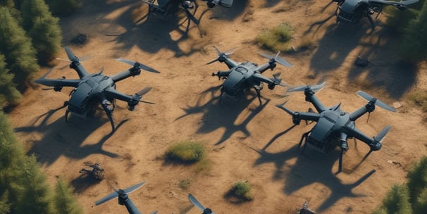 A white quadcopter drone with four rotors is resting on a concrete surface. Accompanying the drone is a white remote controller with dual joysticks and a smartphone mounted on the top.
