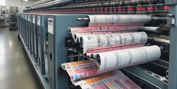 A series of printed pages with design layouts are pinned to a whiteboard in a brightly lit room. The pages appear to be drafts or wireframes of web or app designs, featuring various text and graphical elements. Sunlight filters through nearby windows, creating a mix of natural and artificial lighting.