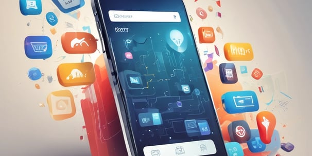 A web page featuring a promotional message about creating mobile apps from data. The headline text emphasizes transforming data into beautiful, powerful mobile applications. Below the headline, there is an image of a smartphone interface displaying app previews with a toolbar and menu options. The user interface is sleek and modern with a soft pastel background gradient.