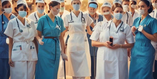 A large hospital ward filled with beds, where several patients are either sitting or lying down. Two nurses in white uniforms are standing to the right, attending to patients. The room is decorated with garlands and paper lanterns, suggesting a festive or ceremonial atmosphere.