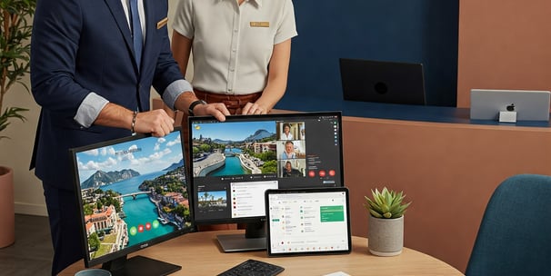Dos concierges trabajando en oficina moderna con tres pantallas, itinerario, videollamada y dashboard de reservas, contrato f