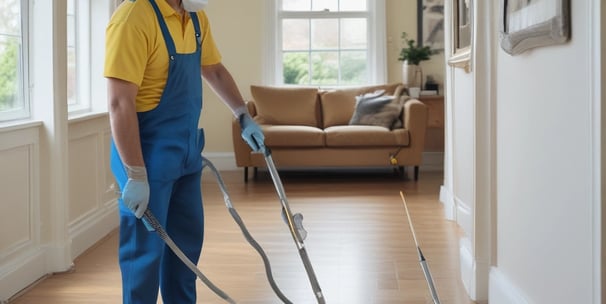 Two window cleaners are suspended by ropes, working on cleaning the glass windows of a tall building. Each cleaner is equipped with tools and a bucket, skillfully moving along the facade with safety harnesses. The building features reflective blue-tinted glass panels, creating a striking geometric pattern.