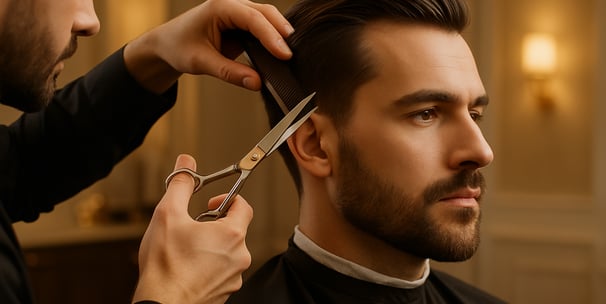 Um homem elegante recebendo cuidados de cabelo e barba em um salão de beleza de luxo, em uma composi