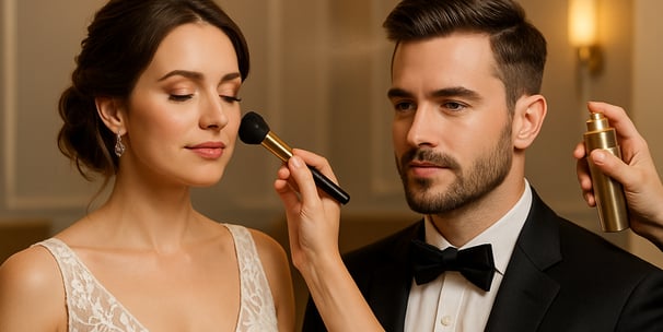 Um casal elegante, noiva e noivo, recebendo cuidados de beleza em preparação para o casamento, em um