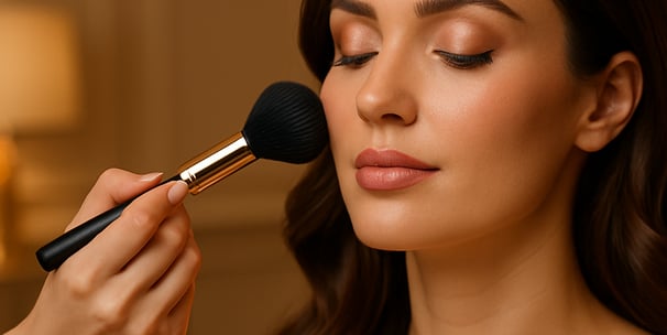Uma mulher elegante recebendo maquiagem profissional em um salão de beleza de luxo, em uma composiçã