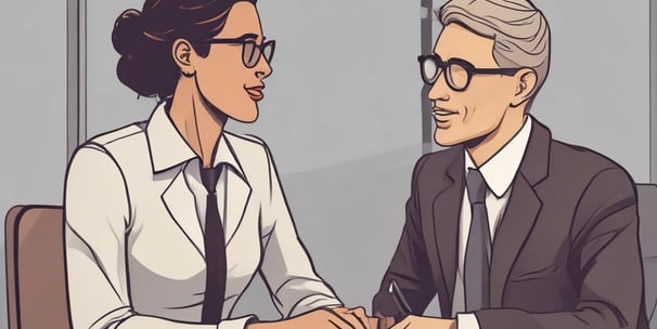 A woman sits against a white wall, using a laptop with the logo 'Jopwell' on it. She wears a dark blazer and a green shirt, with her long hair down. The environment is bright with natural light, and greenery can be seen outside the window.