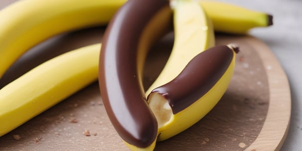 A close-up view of a bunch of ripe bananas with their smooth yellow skins. In the background, there's a red and white package featuring chocolate wafers, an apple, and a container with an illustrated face.