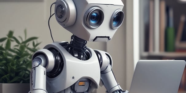 A small, round robot with a smooth white surface and blue accents operates a blue laptop on a sleek, floating platform. The robot has glowing eyes and an antenna on its head, with an 'AI' emblem on its front.