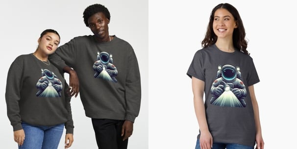 Examples of sweaters & t-shirts sold on Simca's Online Store..