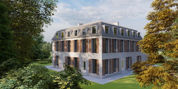 Rendu 3D d’un château en cours de restauration, mettant en valeur les volumes et les éléments patrimoniaux.