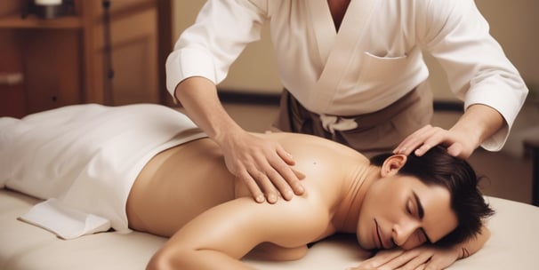 A person is lying on a massage table, covered with a dark towel, receiving a face massage. The massage therapist's hands are gently pressing on the person's forehead and eyes. The environment appears calm and relaxing.