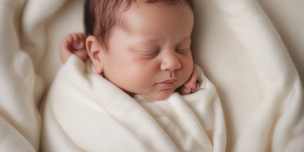 A hand is holding a smartphone displaying images related to newborns. The screen shows a grid of photos, including close-ups of baby feet, a baby wrapped in a blanket, and a baby being held by an adult. The background appears to be an alleyway with blurred walls and a light source visible.