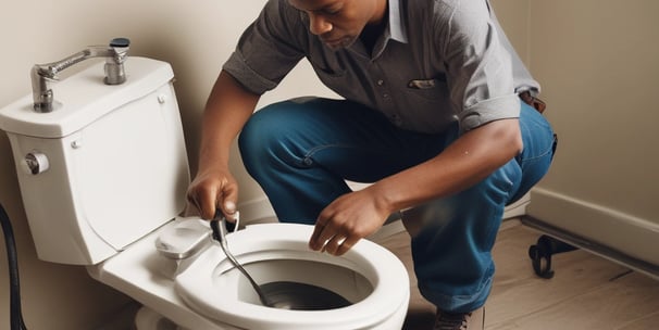 a man in a gray shirt is fixing a toilet