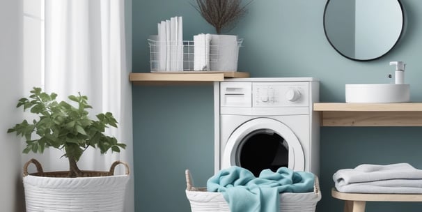 A laundry room featuring a series of large industrial washing and drying machines along a wall. The machines are metallic with blue trim and digital displays, suggesting they are coin-operated. A door is visible in the background. In the foreground, there is a metal laundry basket and a white cloth on a folding counter.