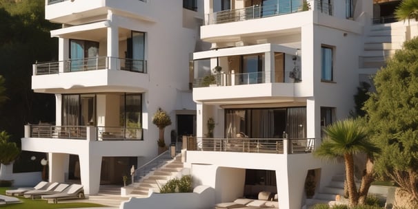 A luxurious multi-story residential building with a waterfront location, surrounded by palm trees and clear blue water. The architecture is elegant with arched windows and a light color palette.