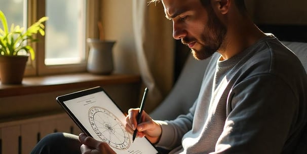 a person learning astrology online with a pen in hand