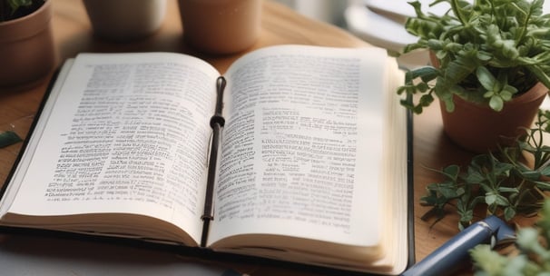 An open Bible and a book titled 'Becoming a Millionaire God's Way' are placed on a wooden table. There is a cup with the Starbucks logo, handwritten notes on a notecard, a pen resting on the Bible, and a black leather chair partially visible in the background.